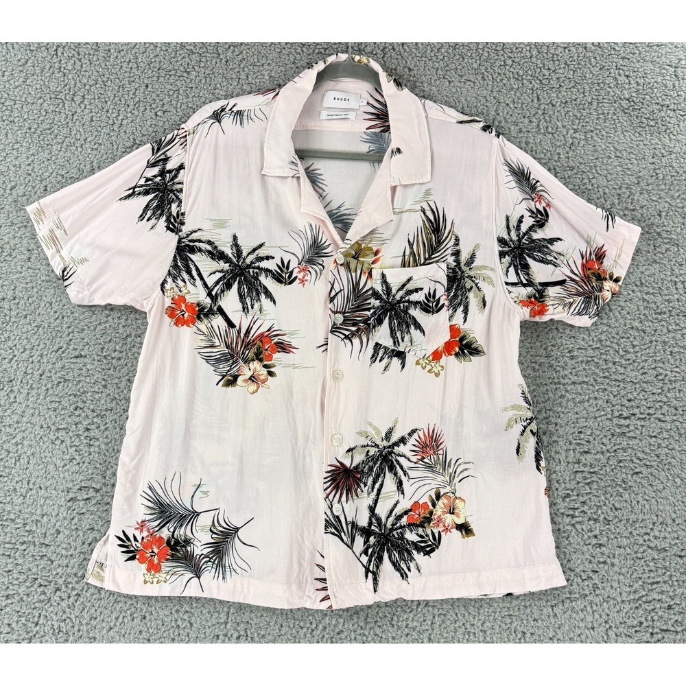 Rhude Button-Up Shirt Mens Medium Pink Hawaiian Print Short Sleeve Camp Collar